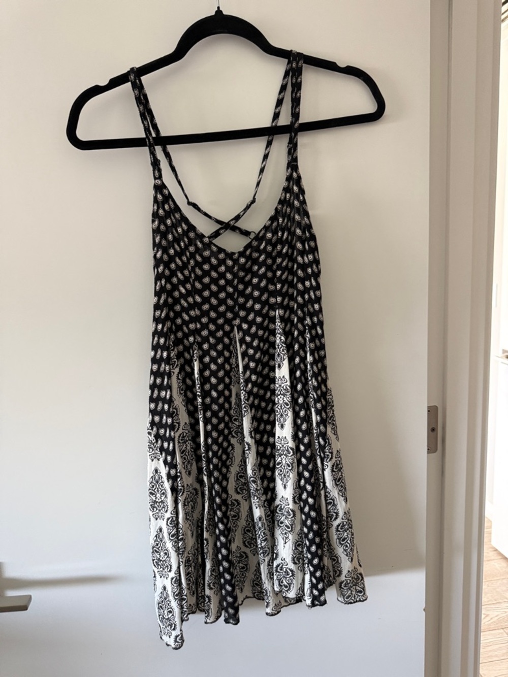 Black & White Printed Mini Dress with Crisscross Straps